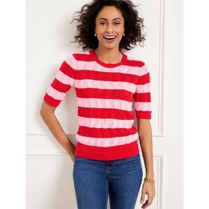 Talbots Spring pink red stripe elbow sleeve lightweight sweater top L